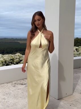 Billy J Amalia Maxi Dress - Halter Satin Maxi Dress in Pale Yellow